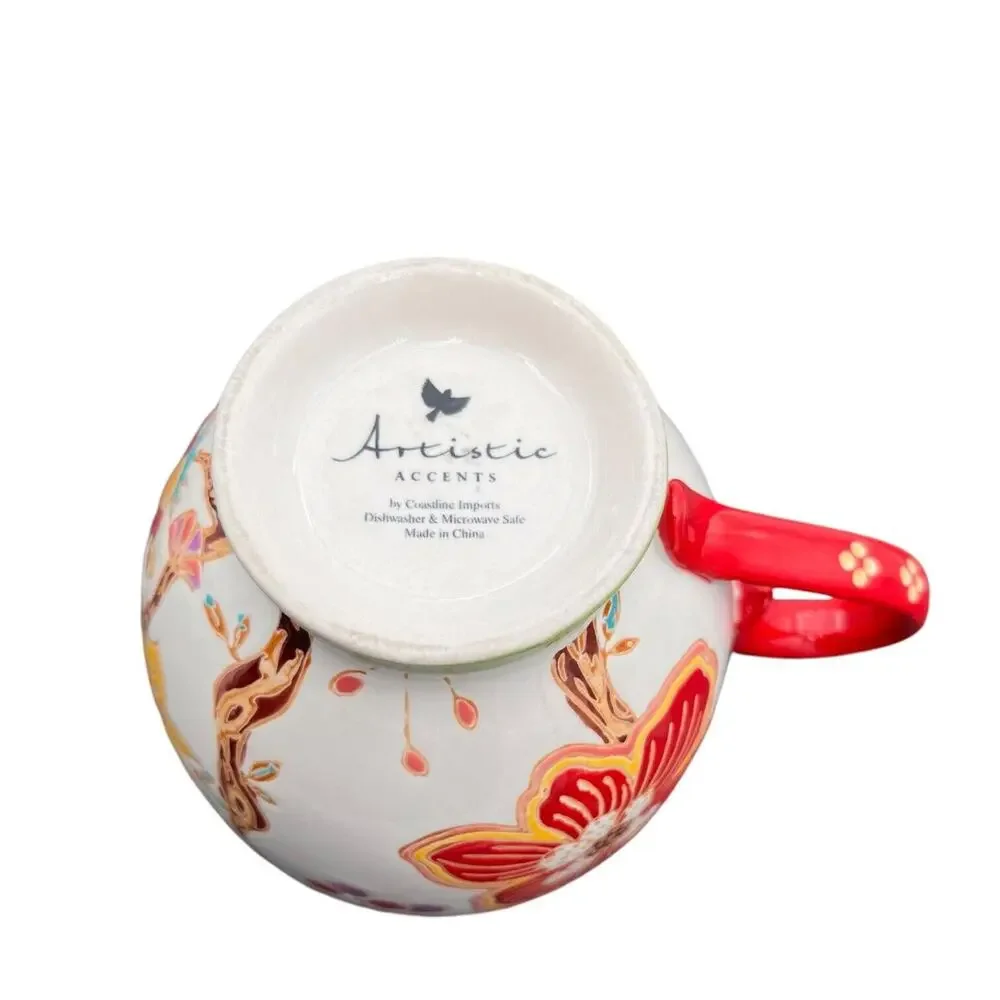 Anthropologie Artistic Accent Hand Painted Tea/Coffee Cup Red‎ Floral Large EUC